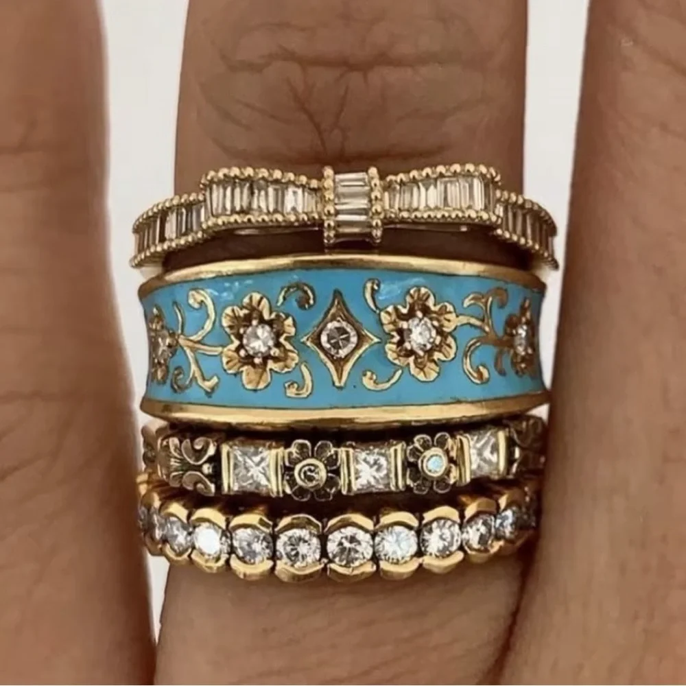 Retro Copper Hand Carved Texture Palace Turquiose Gold Ring Set - SIZE 6
